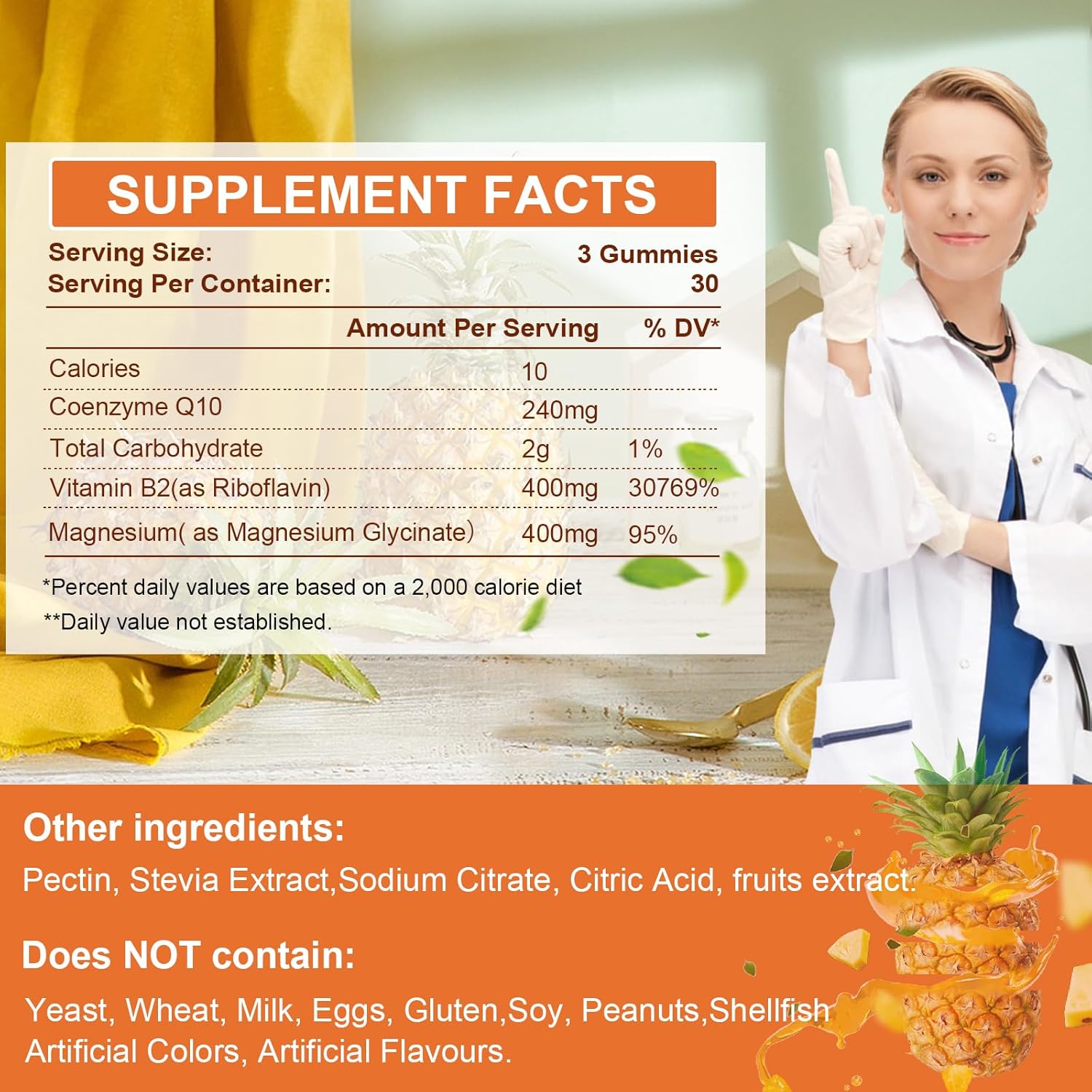 Pineapple Flavored Vitamin B2 400mg Gummies with Magnesium & CoQ10 - Migraine Relief & Nervous System Support - 90 Chewable Gummies for All Ages