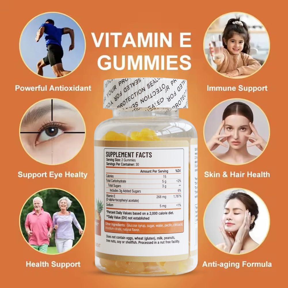 Pineapple Flavored Vitamin E Gummies - 268mg Antioxidant Supplements for Immune Health, Adults, Men, Women - 60 Count