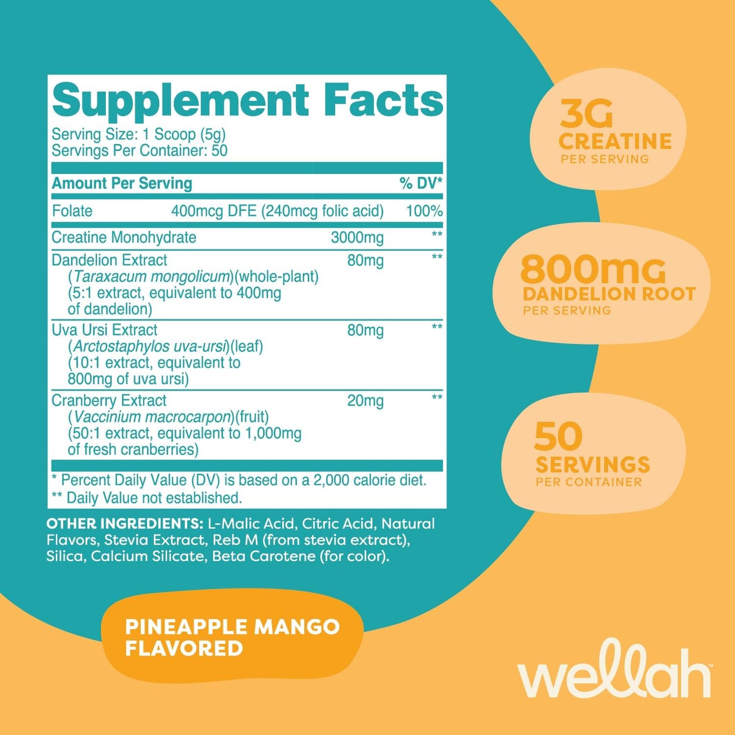 Pineapple Mango Wellah Pump-It-Up Creatine - 50 Servings, Monohydrate with Dandelion, Uva Ursi, & Cranberry Extract