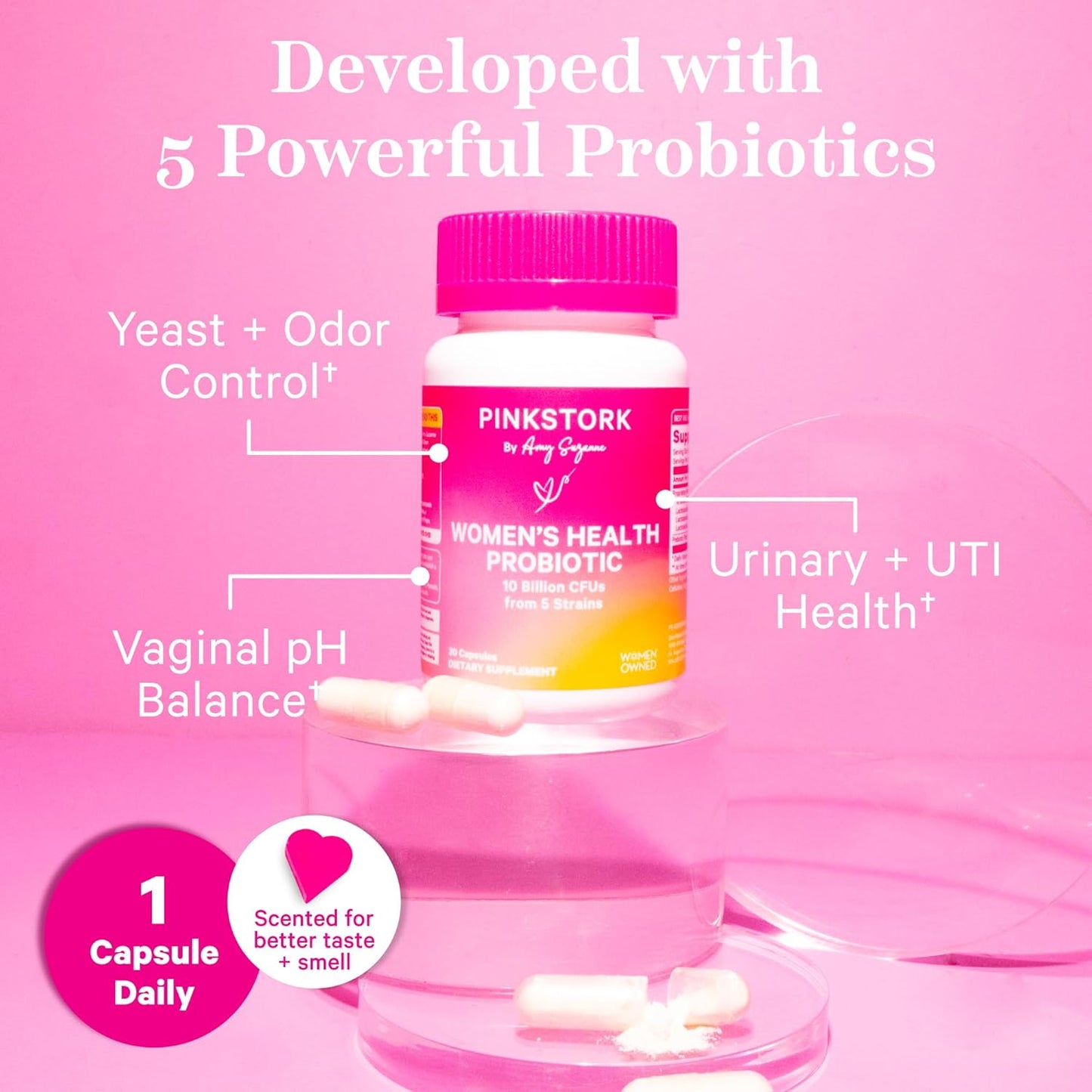 Pink Stork Women's Probiotic Capsules - Supports Vaginal Health & pH Balance with 10 Billion CFUs - 5 Strains for Gut Flora & Immune Health - 30 Count