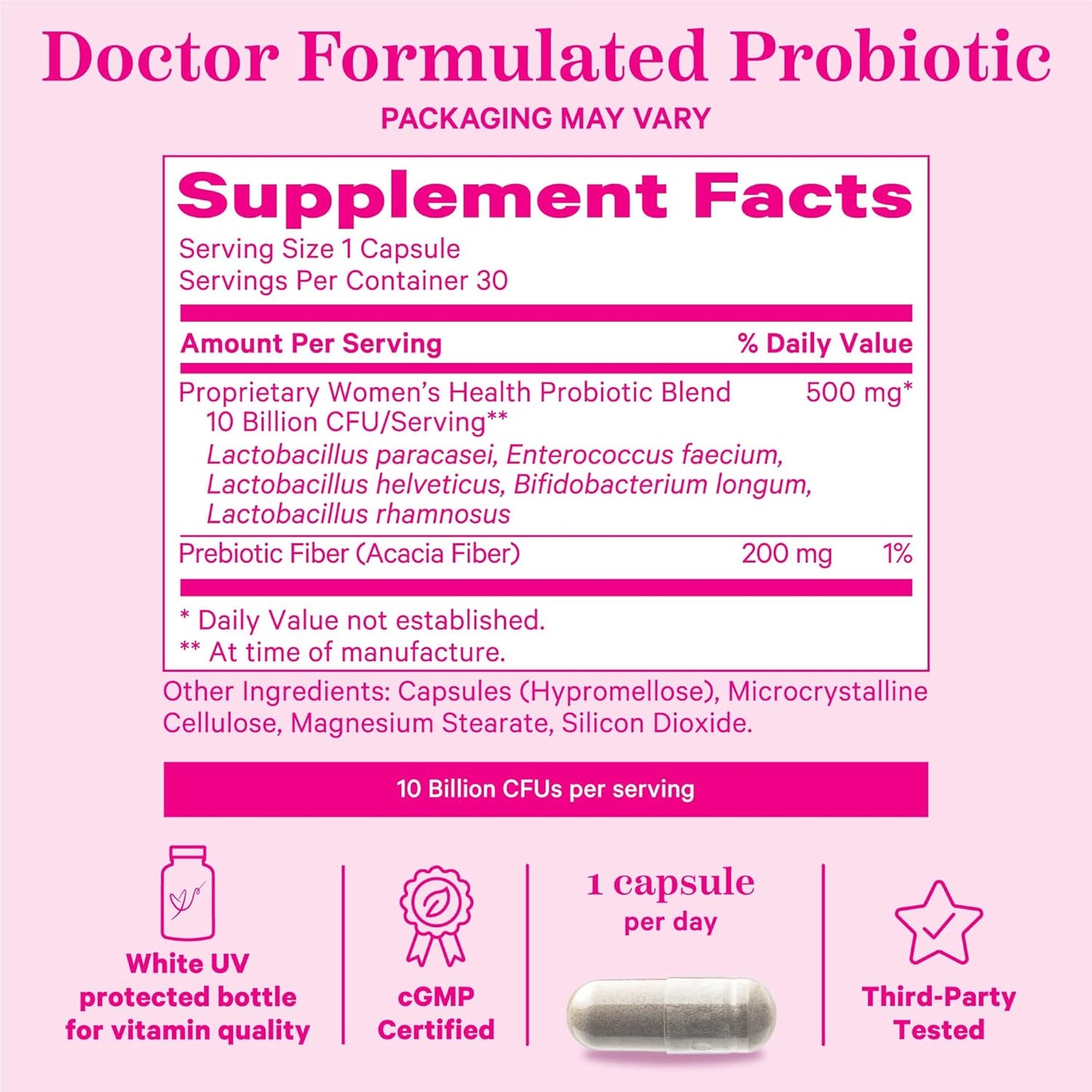Pink Stork Women's Probiotic Capsules - Supports Vaginal Health & pH Balance with 10 Billion CFUs - 5 Strains for Gut Flora & Immune Health - 30 Count