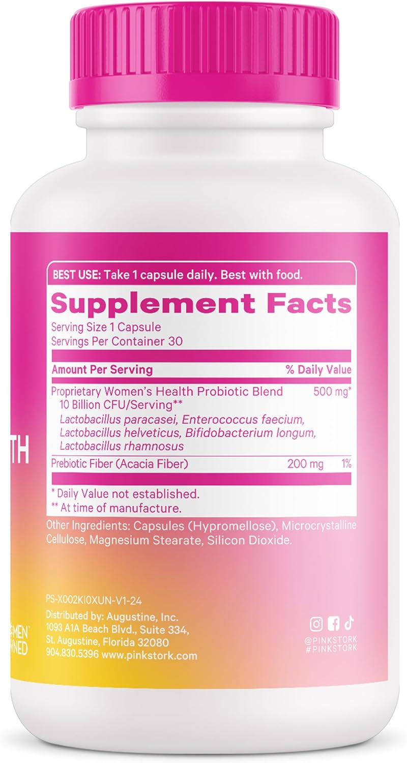 Pink Stork Women's Probiotic Capsules - Supports Vaginal Health & pH Balance with 10 Billion CFUs - 5 Strains for Gut Flora & Immune Health - 30 Count