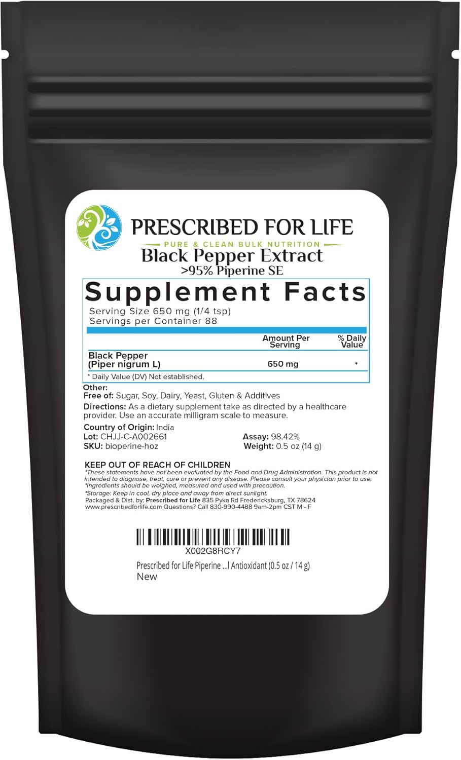 Piperine Powder 95% Extract for Nutrient Absorption, Antioxidant - Gluten Free, Vegan, Non GMO - 0.5oz