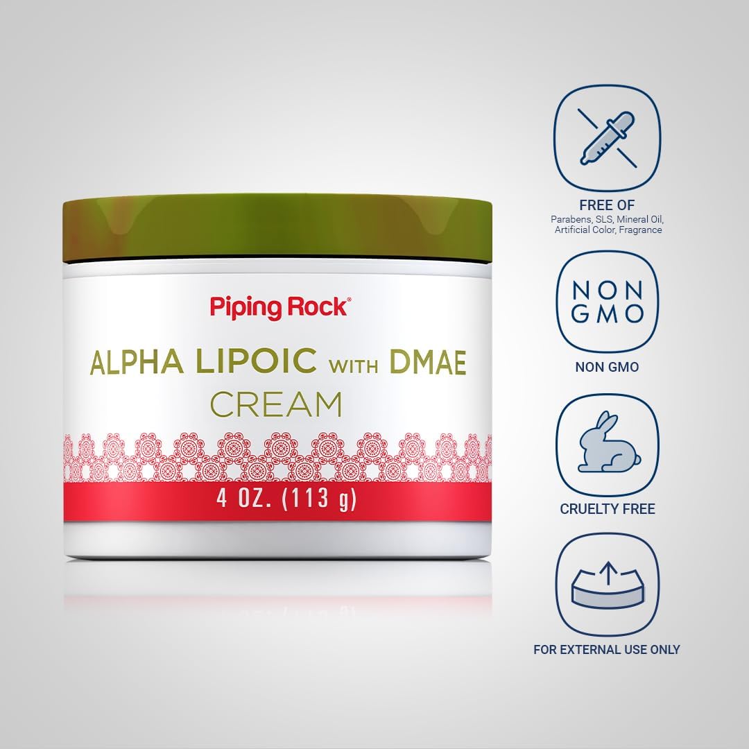 Piping Rock Alpha Lipoic Acid DMAE Cream 4 oz Hydrating Firming Face Skin Non GMO Gluten Free