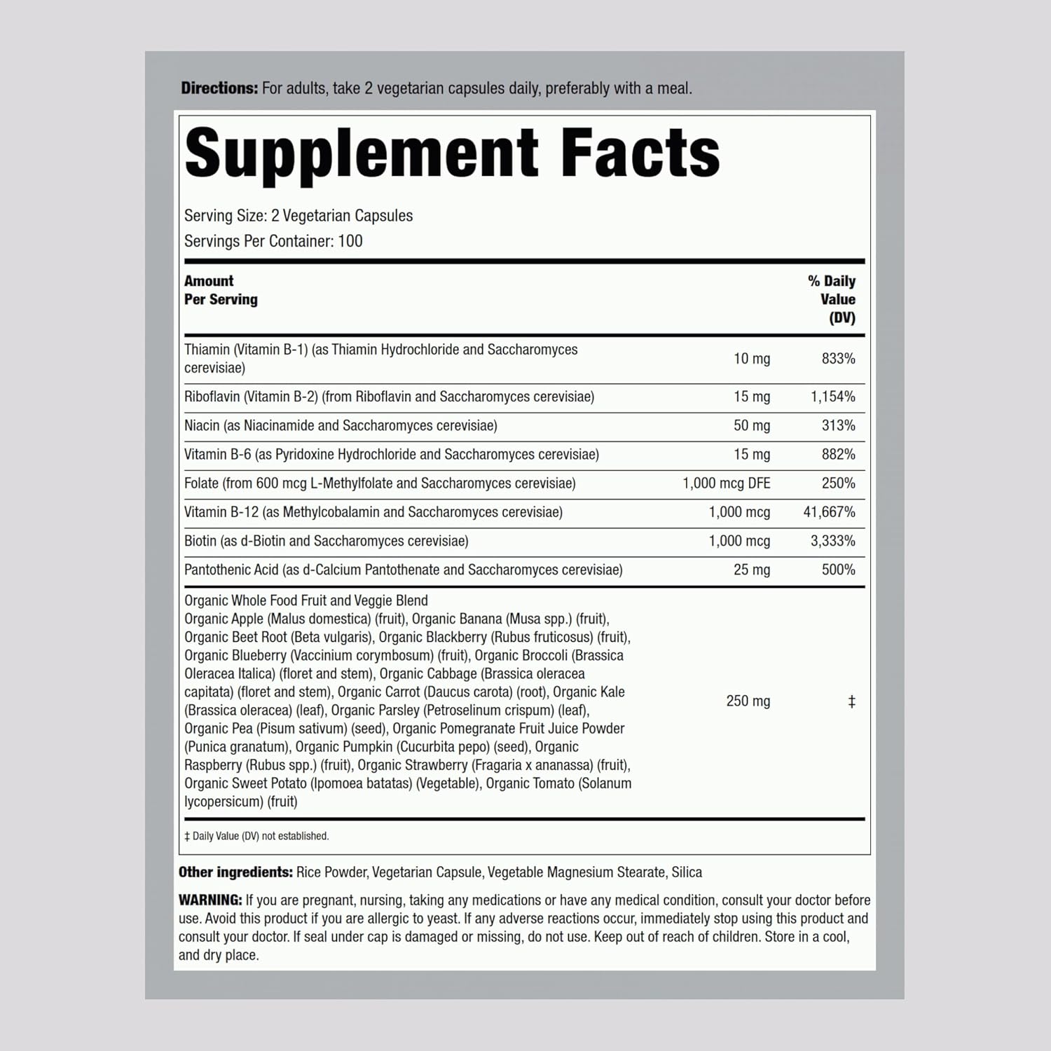 Piping Rock B Complex Capsules with Whole Food Fruits & Veggies - Vitamin B-12, Non-GMO & Vegetarian