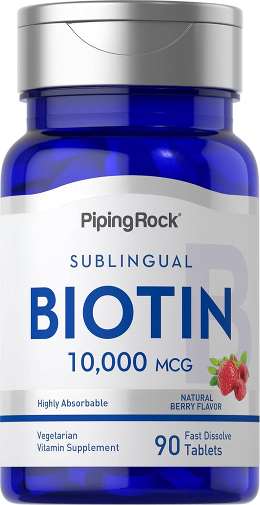 Piping Rock Biotin 10000mcg Tablets - Berry Flavor, 90 Count - Max Strength, Fast Dissolve, Sublingual, Vegetarian, Non-GMO, Gluten-Free