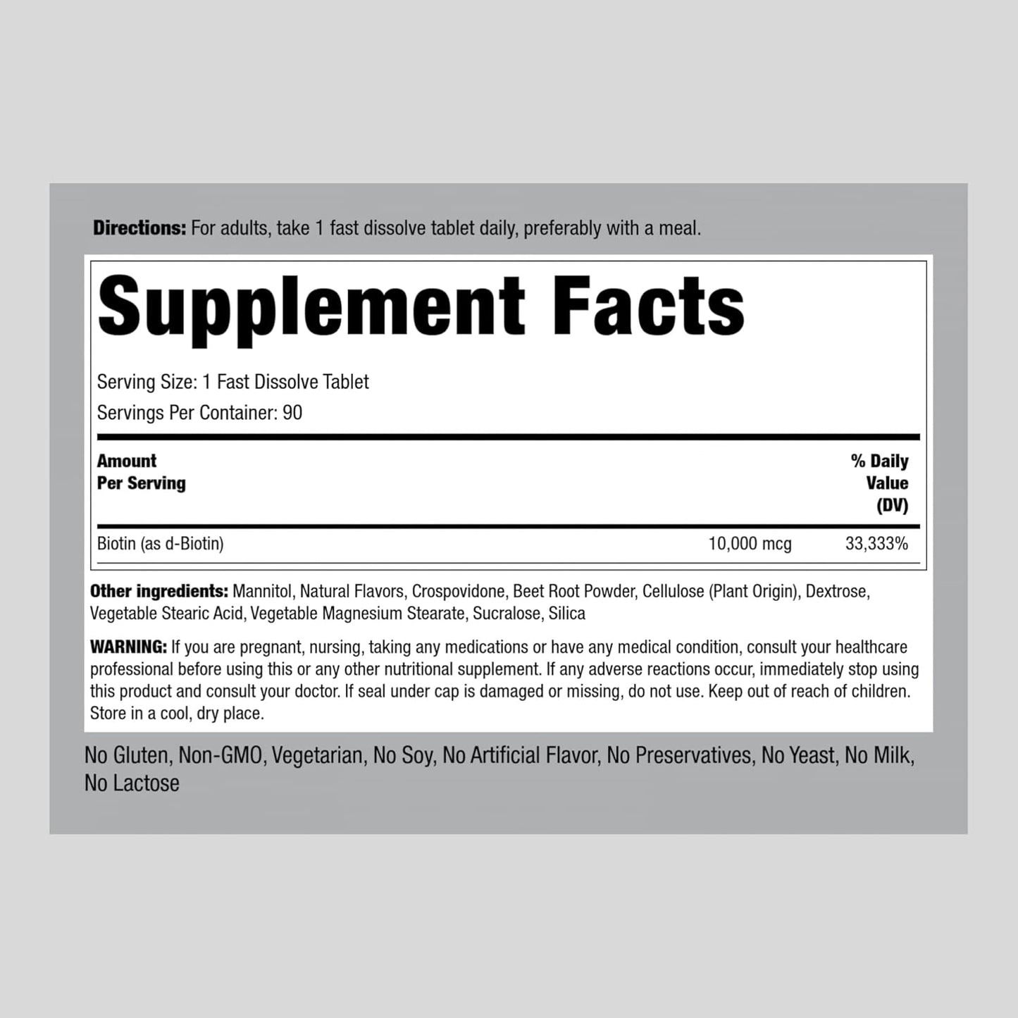 Piping Rock Biotin 10000mcg Tablets - Berry Flavor, 90 Count - Max Strength, Fast Dissolve, Sublingual, Vegetarian, Non-GMO, Gluten-Free