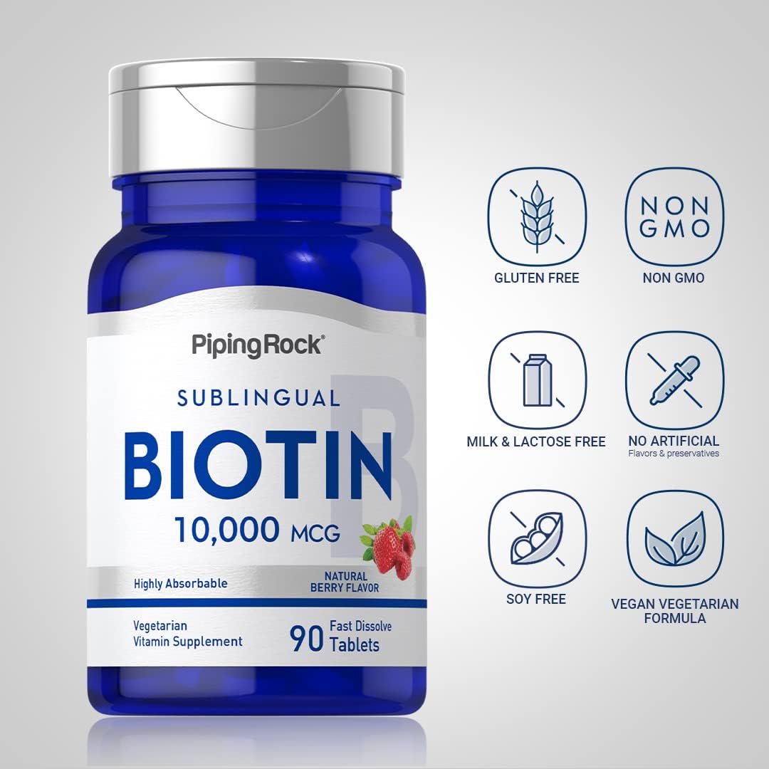 Piping Rock Biotin 10000mcg Tablets - Berry Flavor, 90 Count - Max Strength, Fast Dissolve, Sublingual, Vegetarian, Non-GMO, Gluten-Free