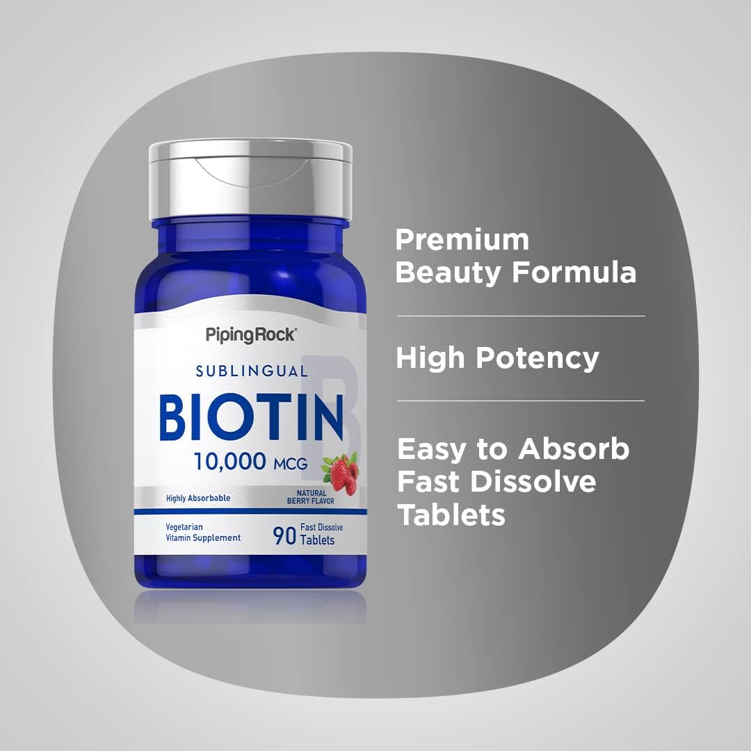 Piping Rock Biotin 10000mcg Tablets - Berry Flavor, 90 Count - Max Strength, Fast Dissolve, Sublingual, Vegetarian, Non-GMO, Gluten-Free