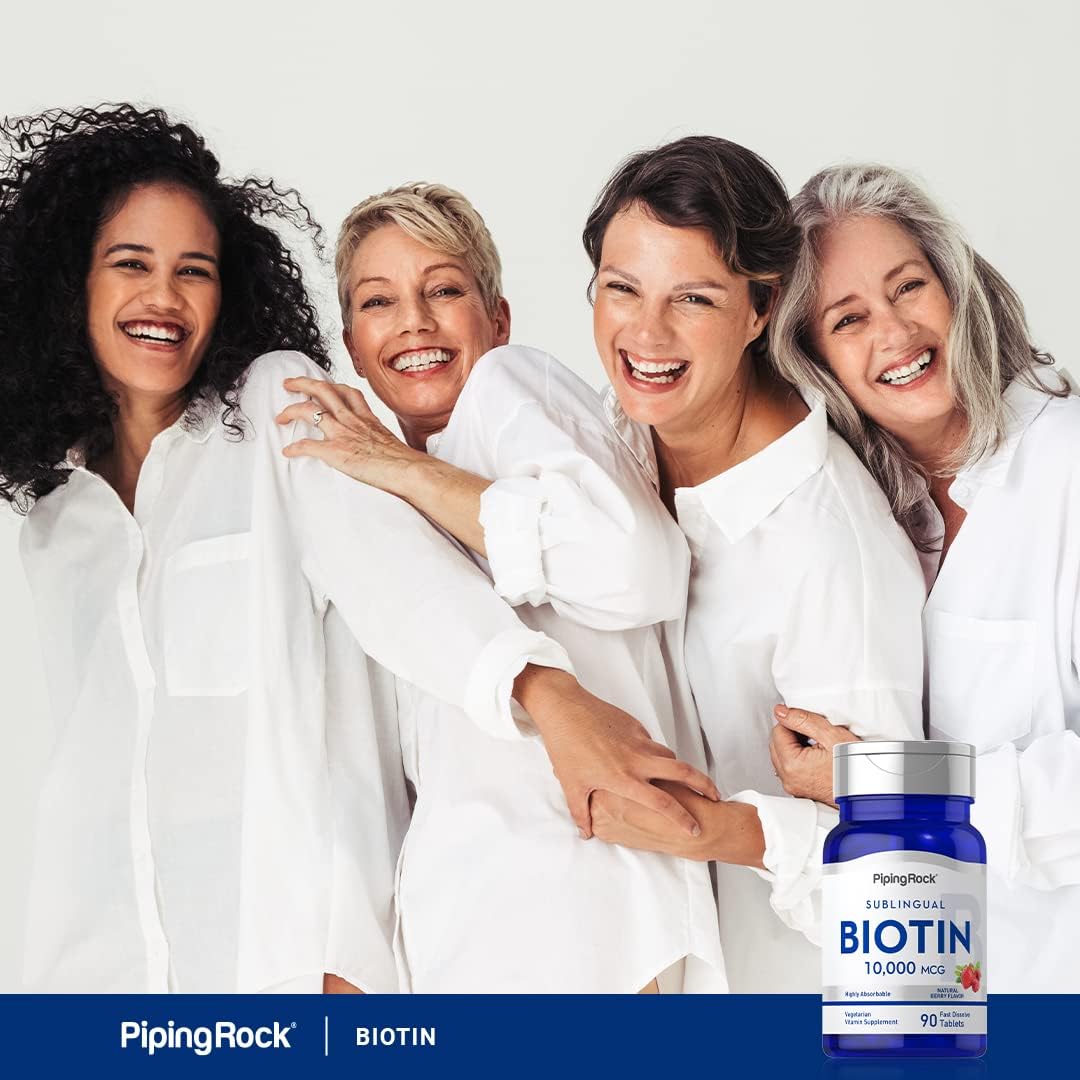 Piping Rock Biotin 10000mcg Tablets - Berry Flavor, 90 Count - Max Strength, Fast Dissolve, Sublingual, Vegetarian, Non-GMO, Gluten-Free