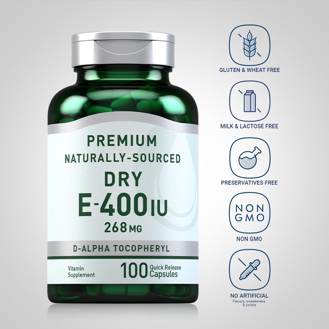 Piping Rock Dry Vitamin E 400 IU Capsules - D-Alpha Tocopheryl, 268mg, Non-GMO, Gluten Free Formula
