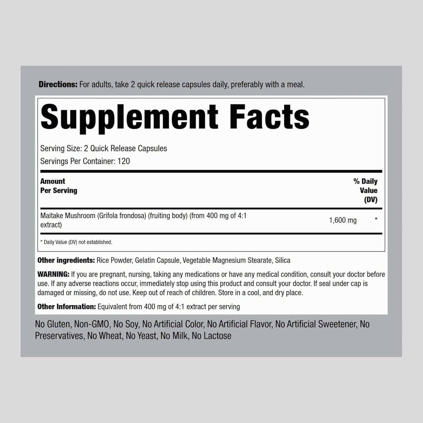 Piping Rock Maitake Mushroom Extract Capsules - 1600mg Herbal Supplement (240 ct) Non-GMO, Gluten Free