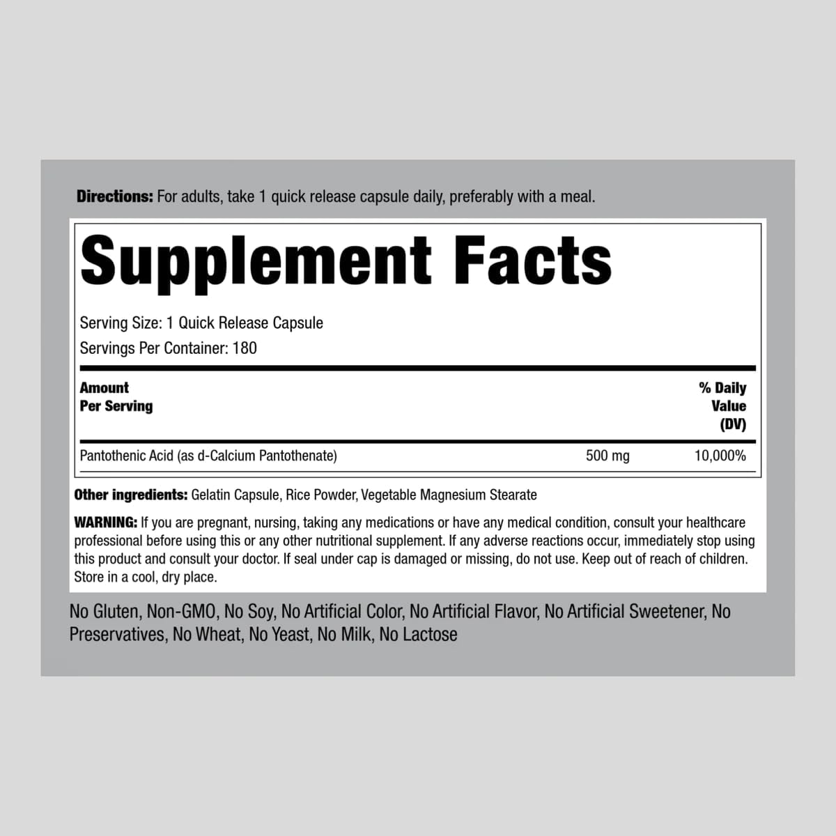 Piping Rock Pantothenic Acid 500mg Capsules - 180 Count B Vitamin Supplement, Non-GMO & Gluten Free