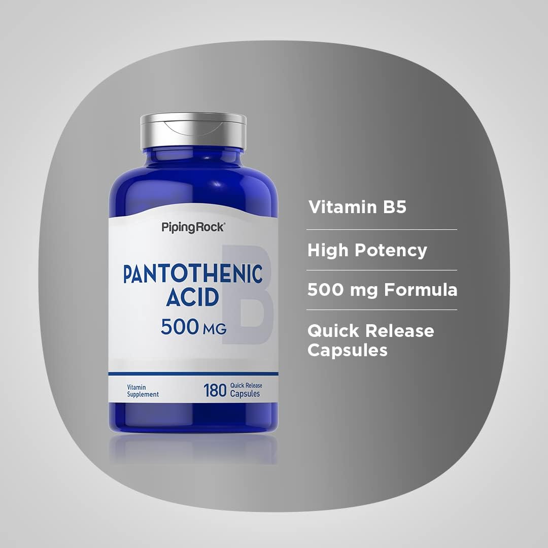 Piping Rock Pantothenic Acid 500mg Capsules - 180 Count B Vitamin Supplement, Non-GMO & Gluten Free