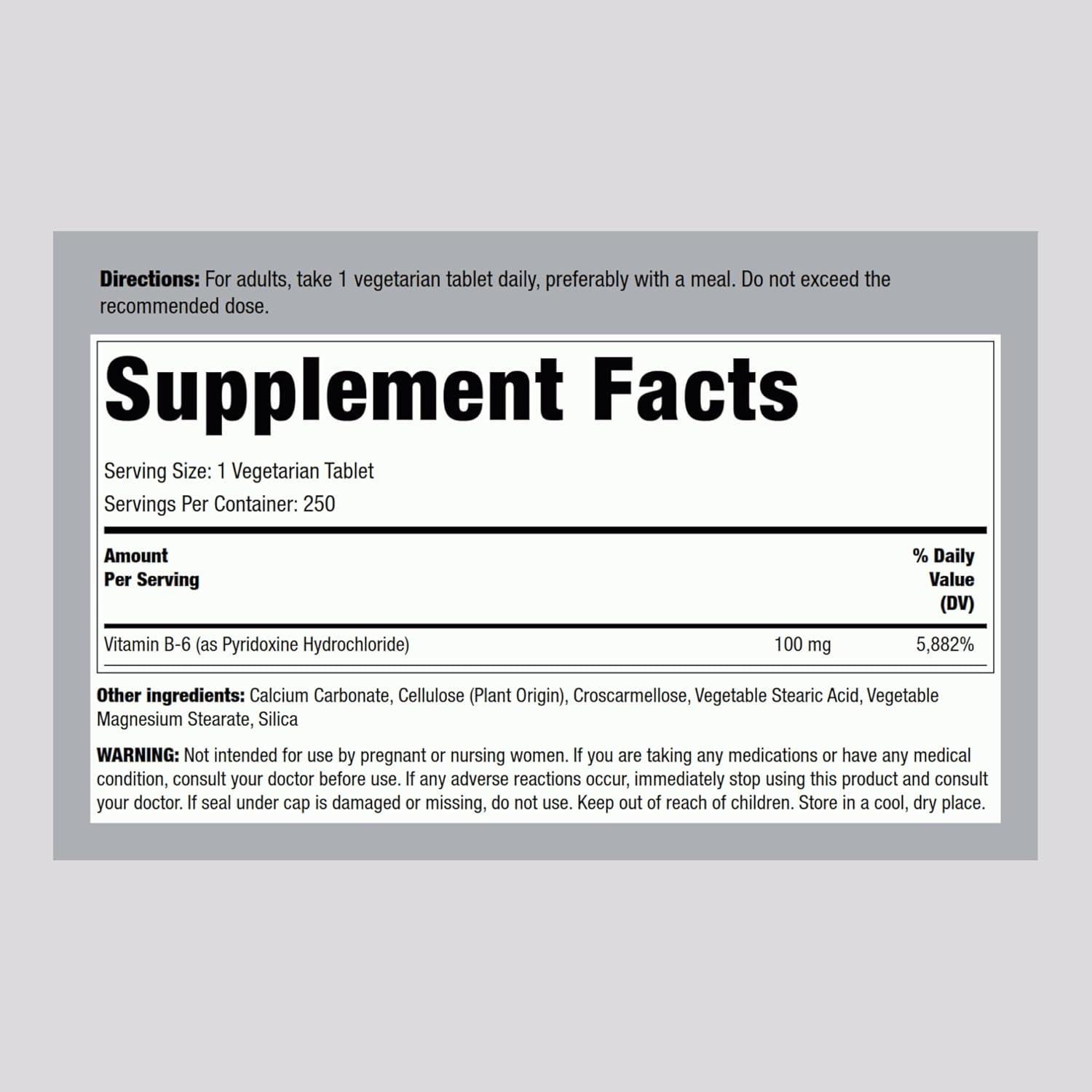 Piping Rock Vitamin B-6 100mg Tablets - Pyridoxine HCl Supplement, 250 Count - Non-GMO Vegetarian Formula