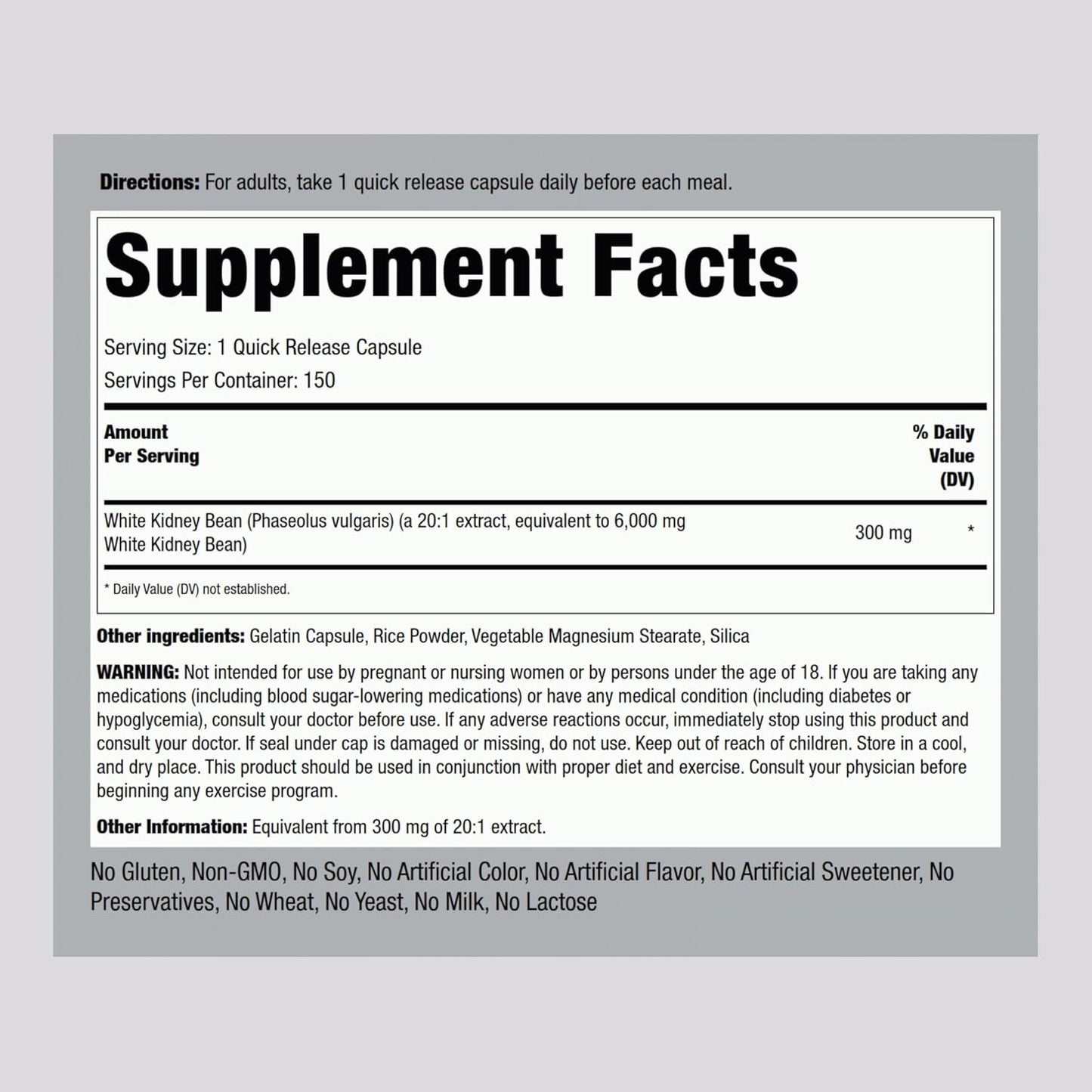 Piping Rock White Kidney Bean Extract 6000mg - 150 Capsules - Non-GMO & Gluten Free - BoostGo Australia