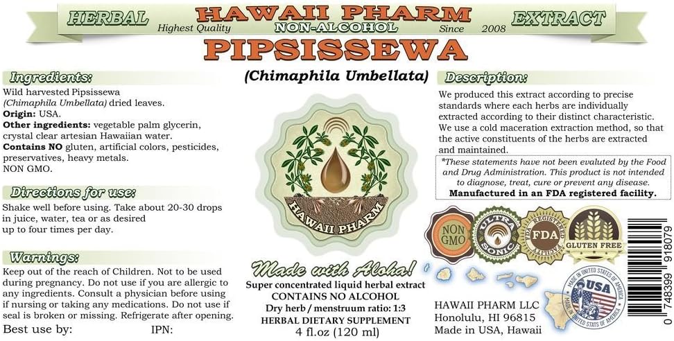 Pipsissewa Alcohol-Free Liquid Extract 2 fl.oz - Chimaphila umbellata Herbal Supplement by Hawaii Pharm, USA