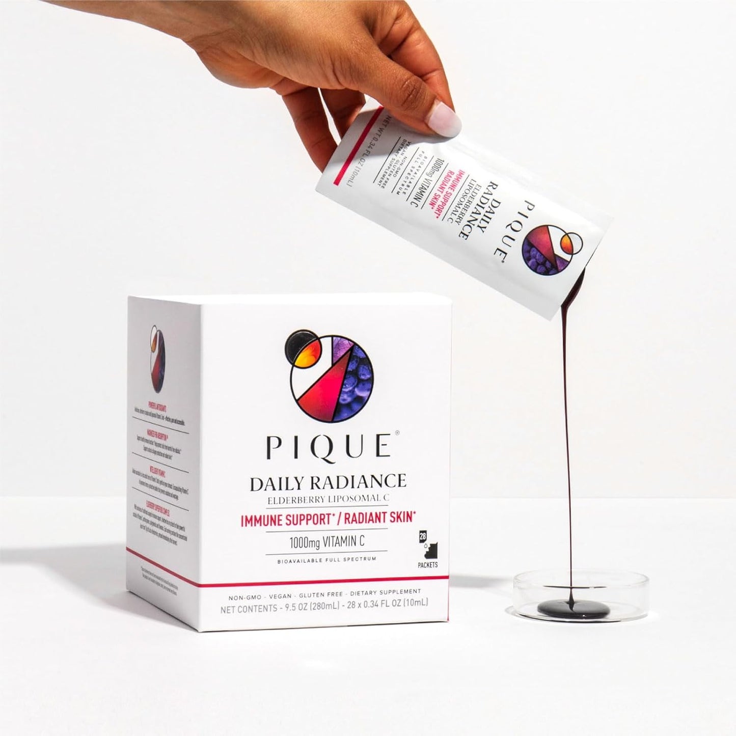 PIQUE Daily Radiance Liposomal Vitamin C with Elderberry - Immune Support for Collagen Production - 28 Packets