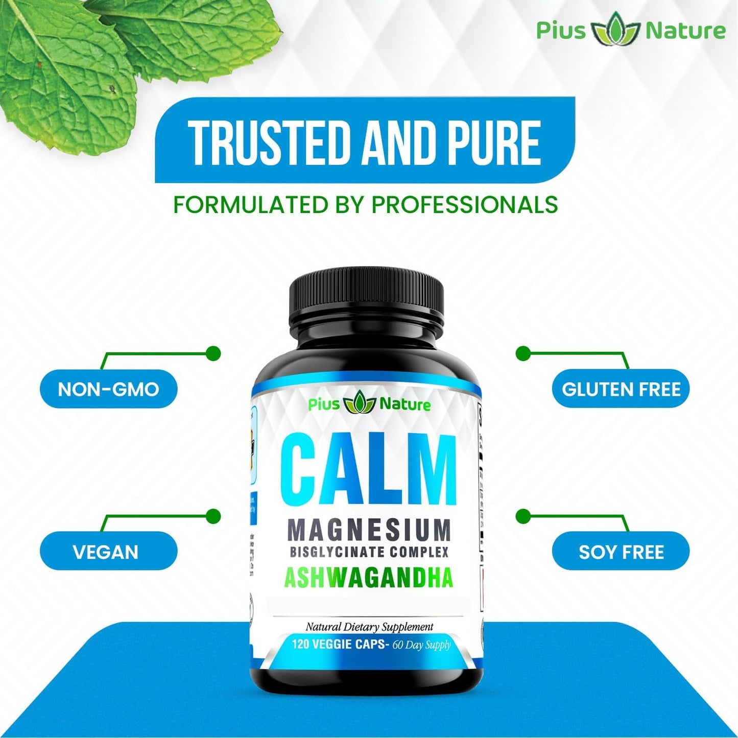 PIUS NATURE Calm - Natural Magnesium Glycinate Supplement with Ashwagandha Root Extract for Relaxation