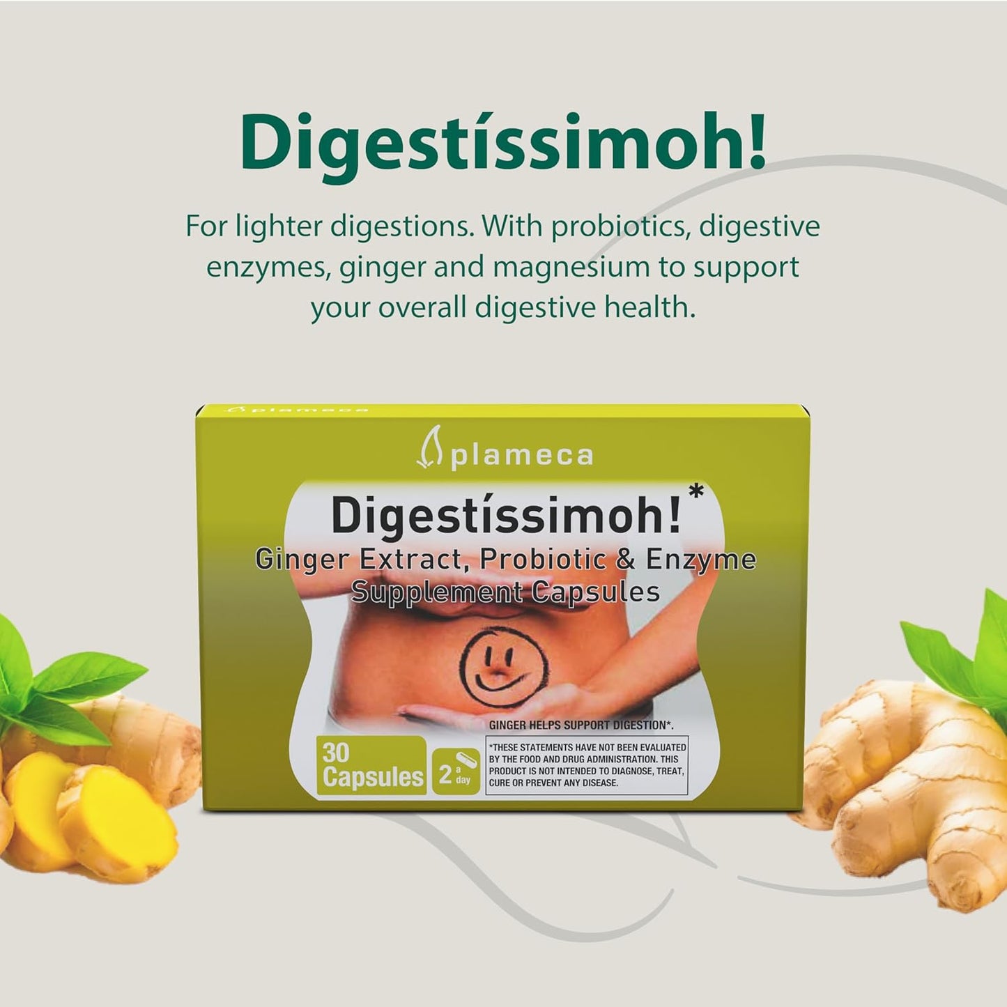 Plameca Digestíssimoh! Digestive Enzymes & Probiotics with Ginger Extract - 9 Strains for Gut Support & Meal Time Relief - Gluten-Free, Dairy-Free - 30 Capsules