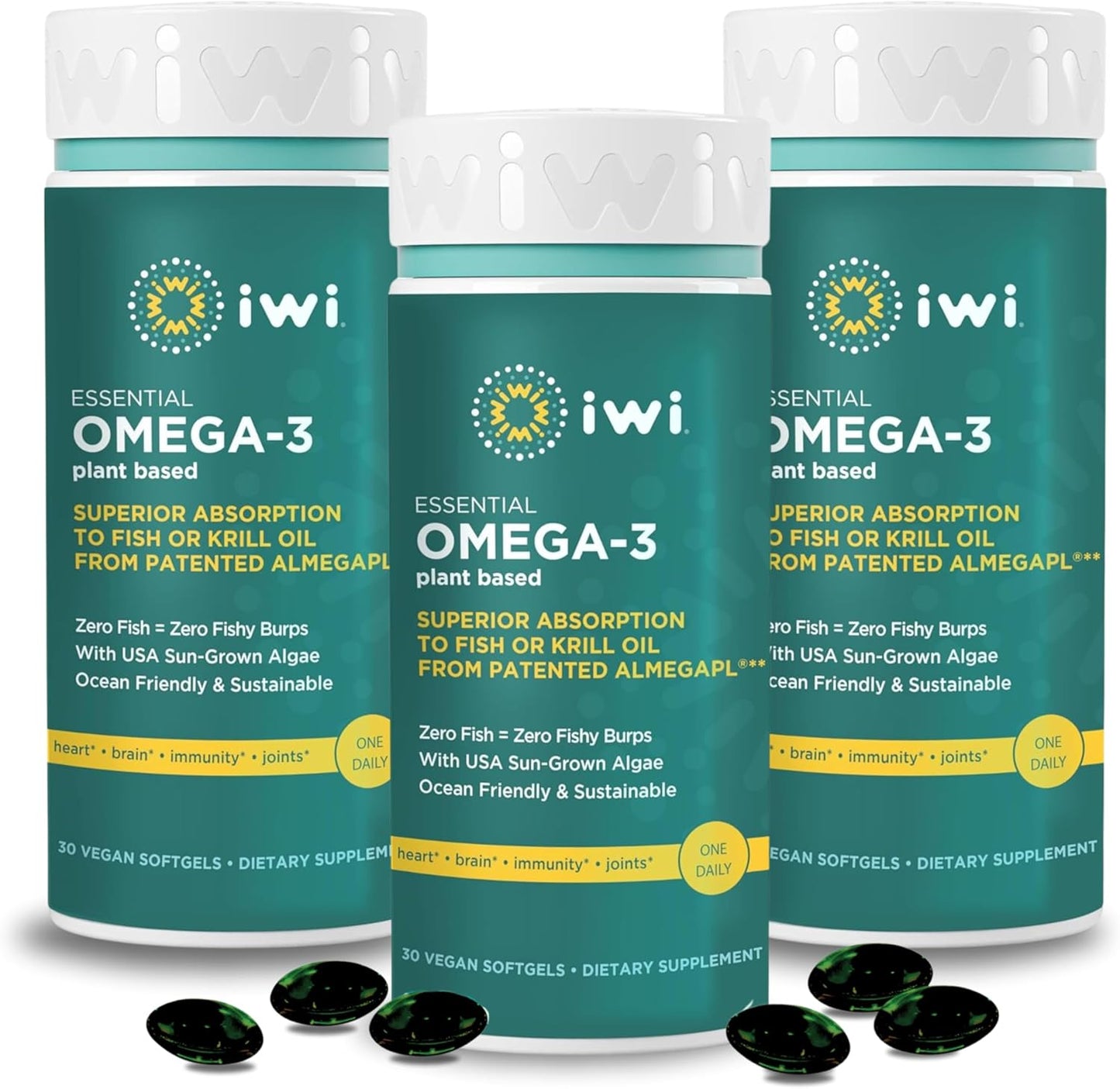 Plant-Based Algae Omega-3 Softgels, 90 Servings, EPA + DHA for Brain & Heart Support, No Fishy Aftertaste, Krill & Fish Oil Alternative