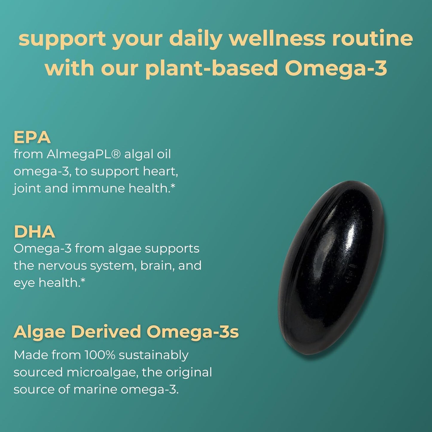 Plant-Based Algae Omega-3 Softgels, 90 Servings, EPA + DHA for Brain & Heart Support, No Fishy Aftertaste, Krill & Fish Oil Alternative