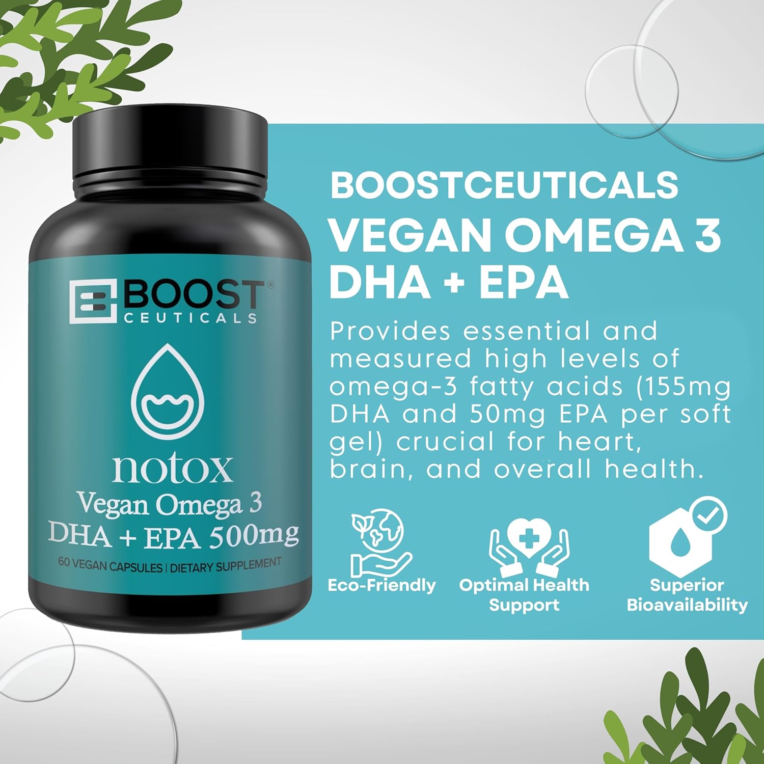 Plant Based Algae Omega 500mg Supplement for Heart and Brain Health - Vegan DHA EPA Omega 3 Formula - No Fish Burps Omega 3 Alternative by BoostCeuticals