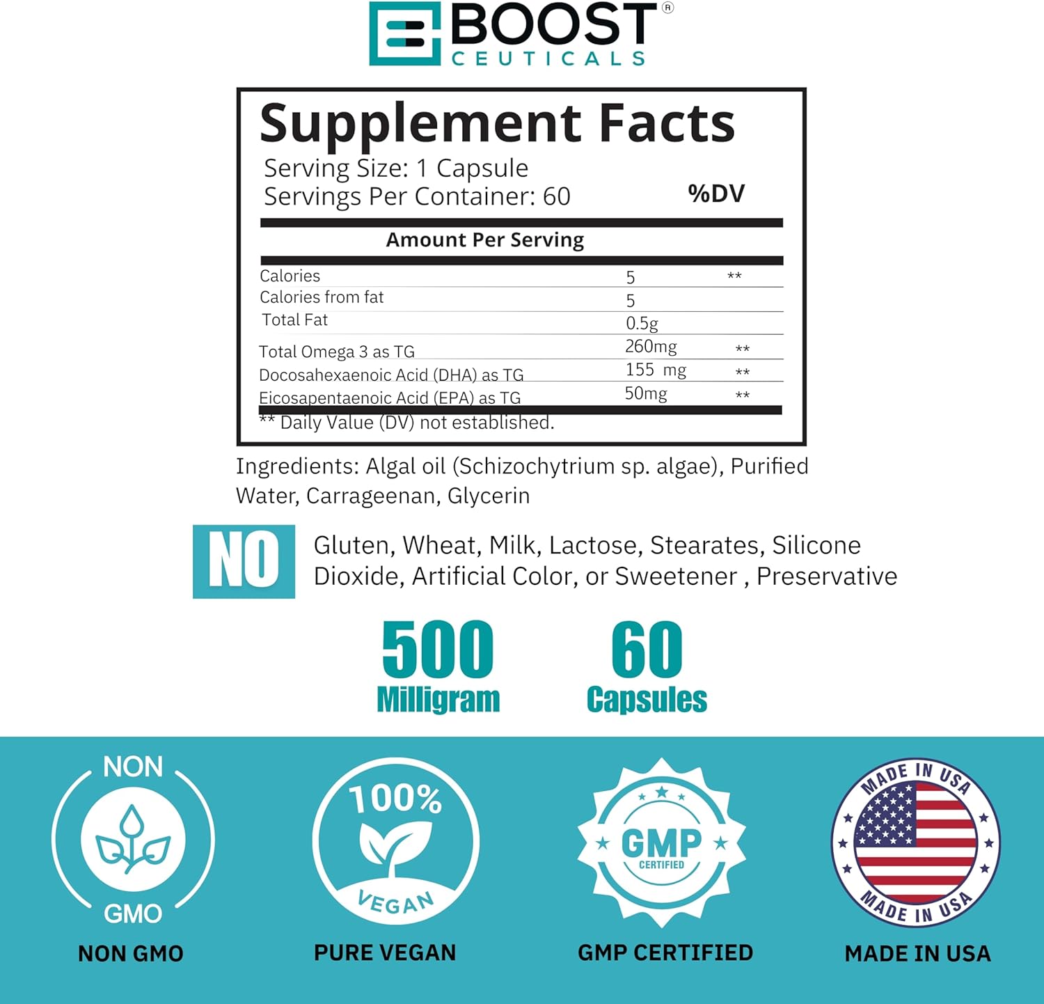 Plant Based Algae Omega 500mg Supplement for Heart and Brain Health - Vegan DHA EPA Omega 3 Formula - No Fish Burps Omega 3 Alternative by BoostCeuticals