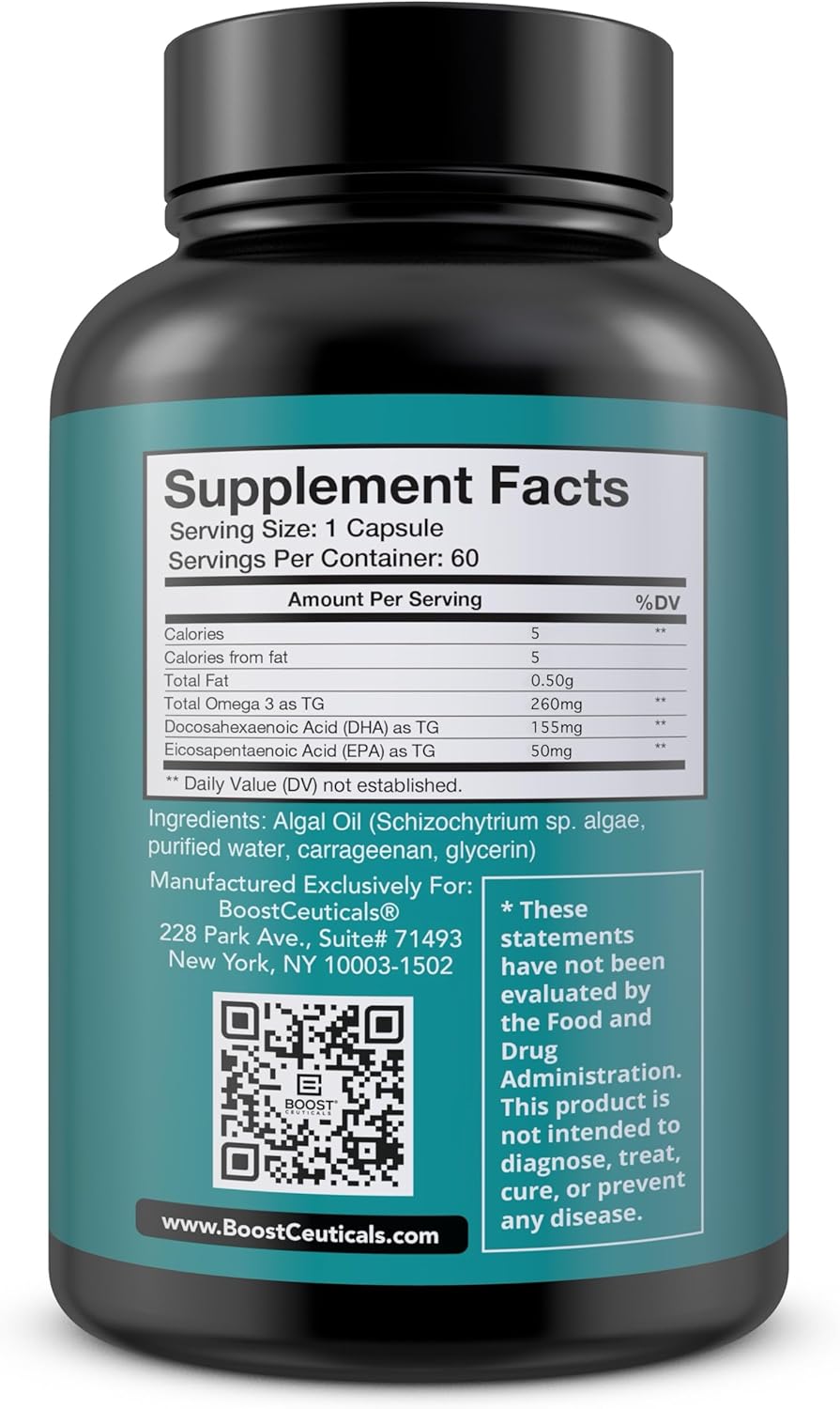 Plant Based Algae Omega 500mg Supplement for Heart and Brain Health - Vegan DHA EPA Omega 3 Formula - No Fish Burps Omega 3 Alternative by BoostCeuticals