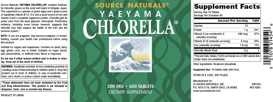 Plant-Based B12 Yaeyama Chlorella Green Superfood Tablets - 600 Count, 200 mg