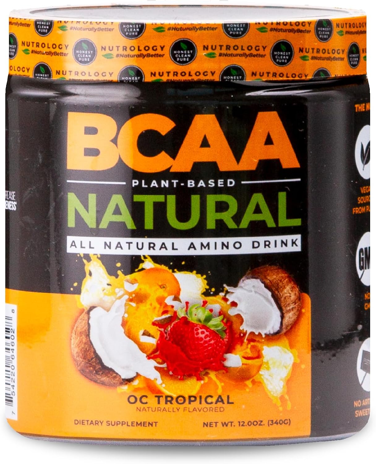 Plant Based BCAA Powder Orange Coconut Flavor - Vegan Amino Acids for Pre and Post Workout Recovery - Non-GMO Gluten-Free Supplement