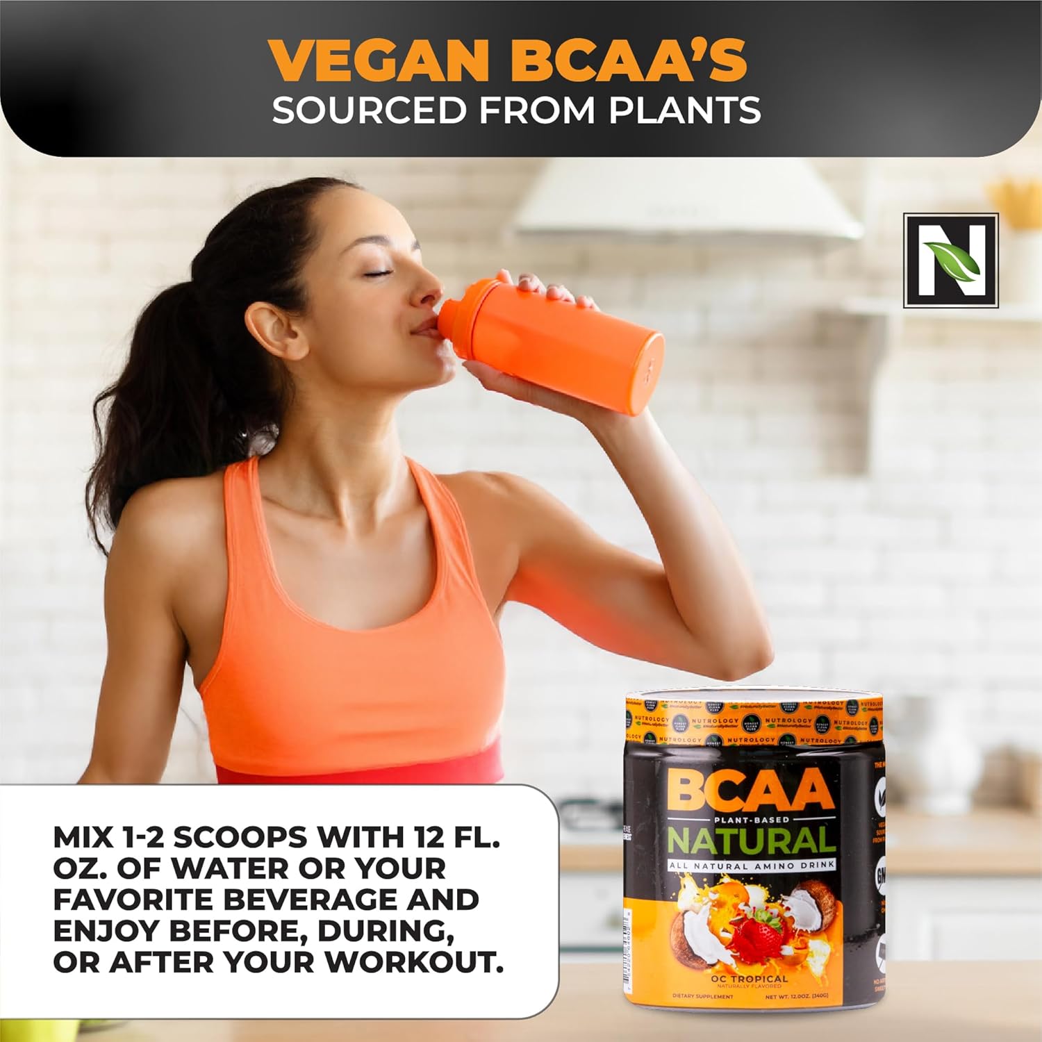 Plant Based BCAA Powder Orange Coconut Flavor - Vegan Amino Acids for Pre and Post Workout Recovery - Non-GMO Gluten-Free Supplement