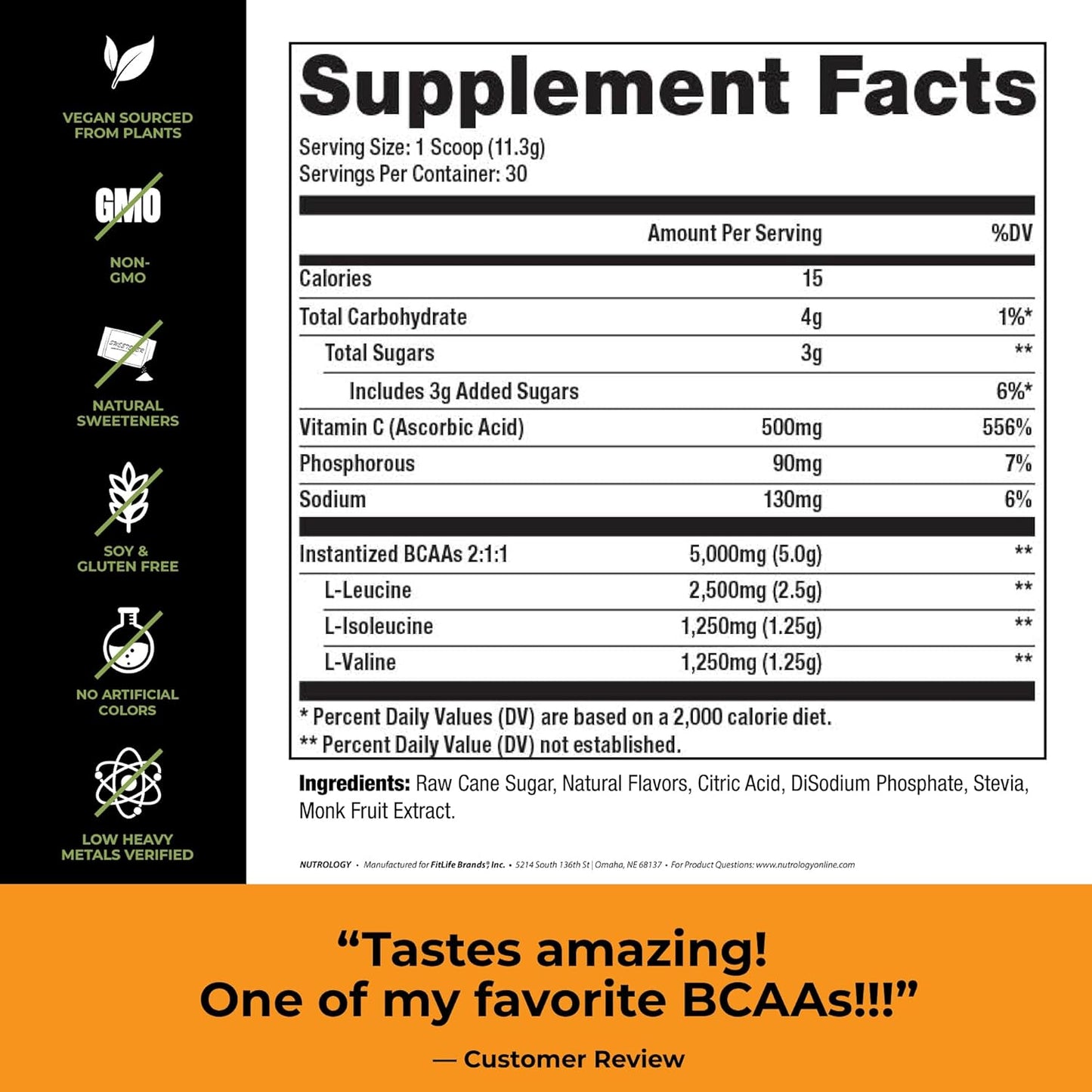 Plant-Based BCAA Powder with Greens & Fruits Superfood Blend - Vanilla Cinnamon & Orange Coconut Flavor (60 Servings)