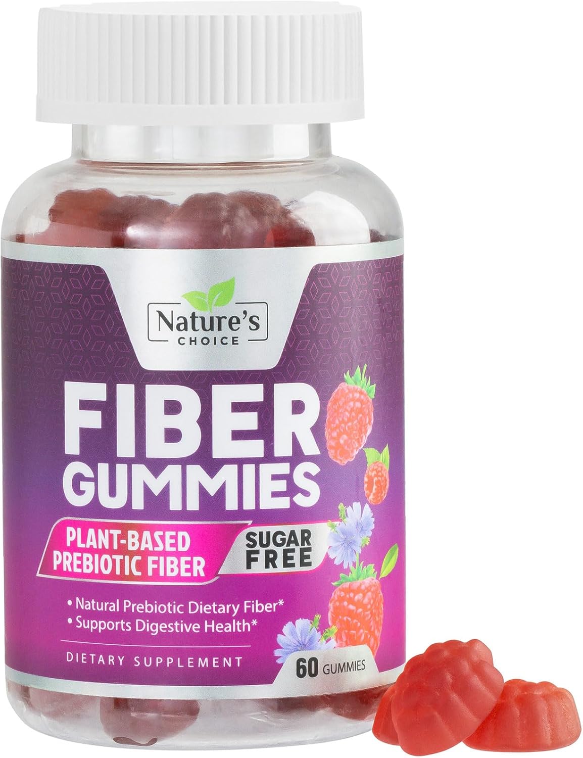 Plant-Based Berry Flavor Fiber Gummies for Adults - Sugar-Free Prebiotic Supplement for Digestive Health - 60 Gummies