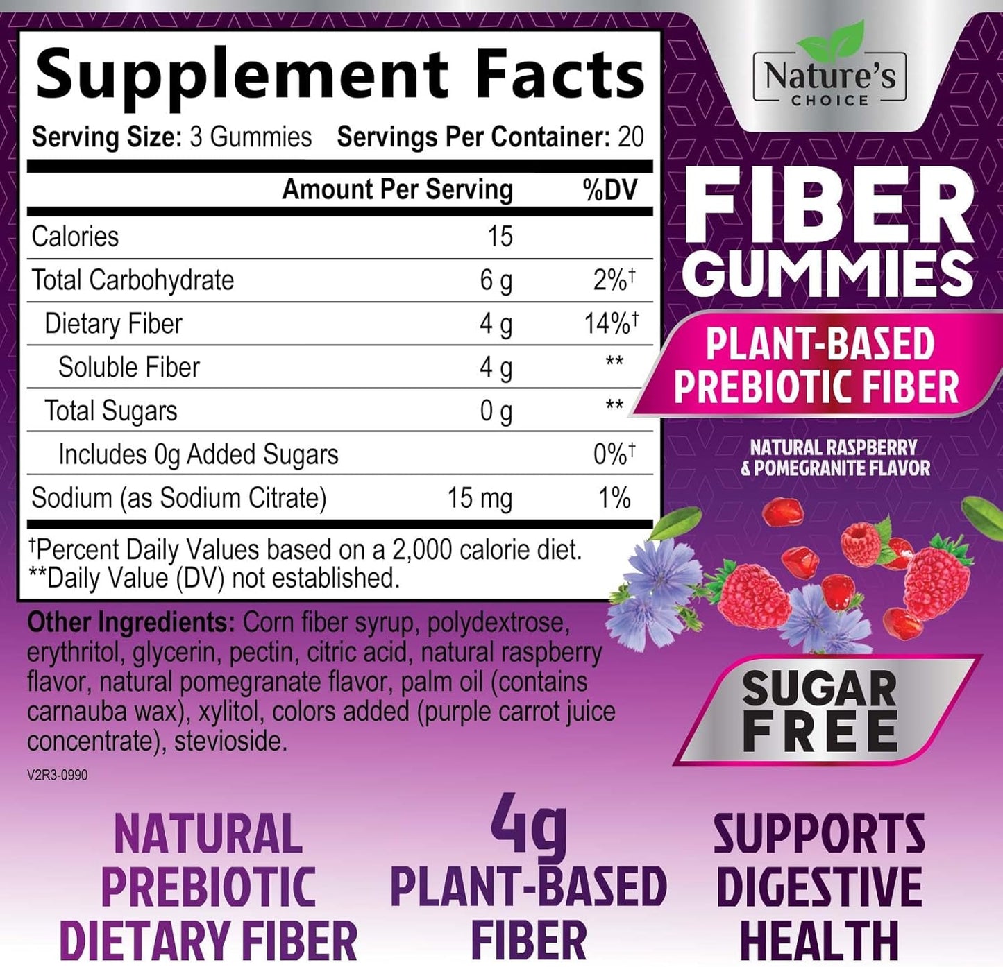 Plant-Based Berry Flavor Fiber Gummies for Adults - Sugar-Free Prebiotic Supplement for Digestive Health - 60 Gummies