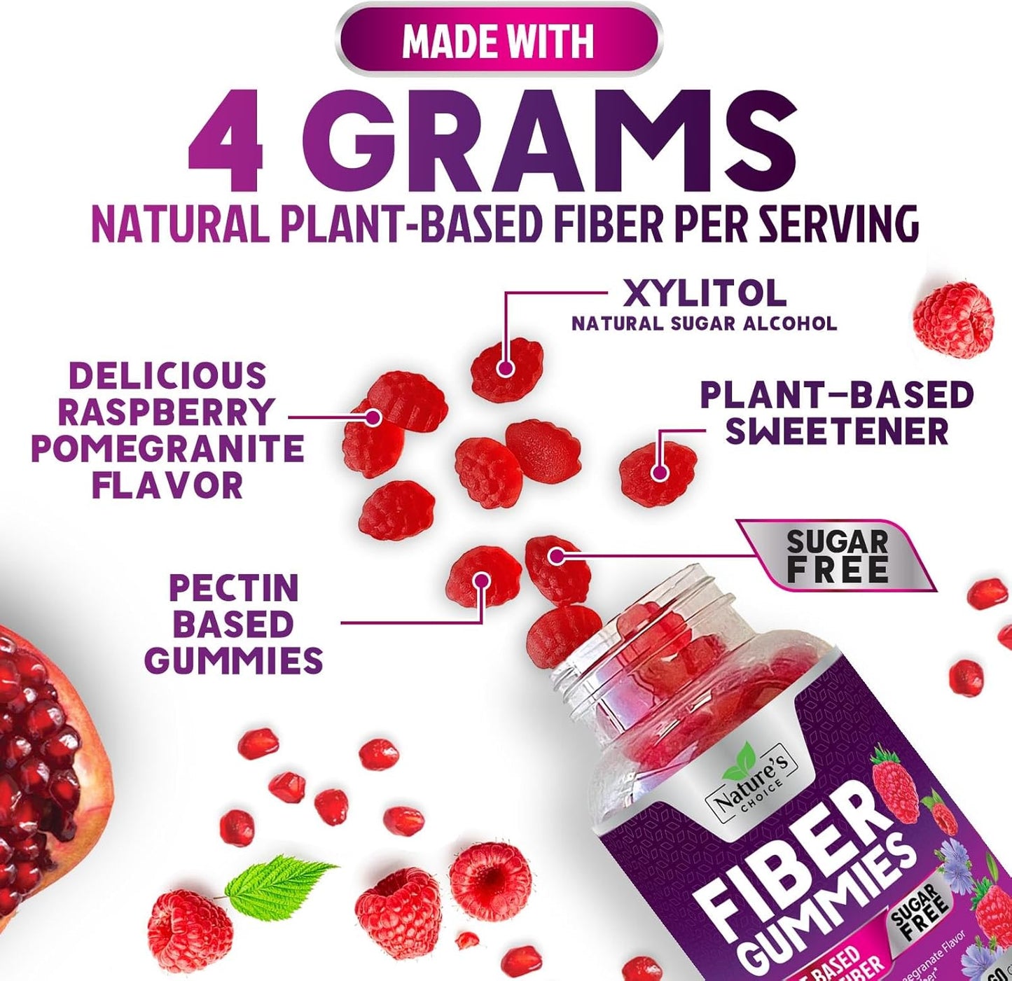 Plant-Based Berry Flavor Fiber Gummies for Adults - Sugar-Free Prebiotic Supplement for Digestive Health - 60 Gummies