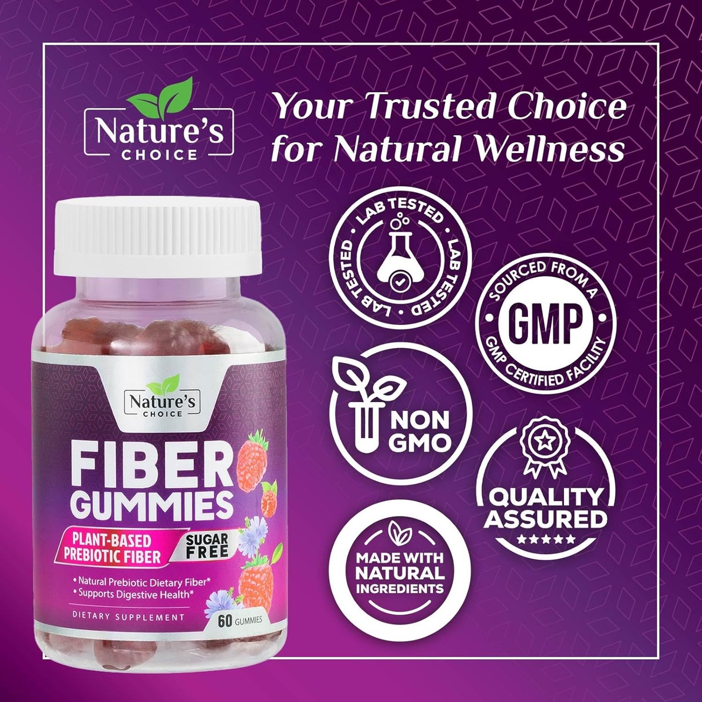 Plant-Based Berry Flavor Fiber Gummies for Adults - Sugar-Free Prebiotic Supplement for Digestive Health - 60 Gummies