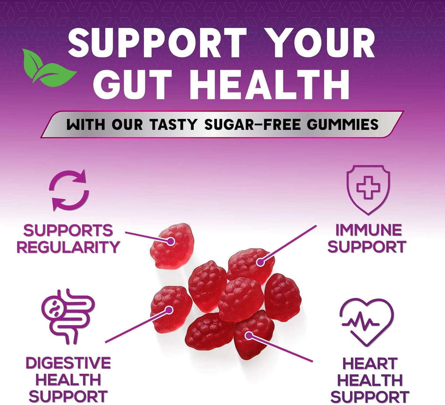 Plant-Based Berry Flavor Fiber Gummies for Adults - Sugar-Free Prebiotic Supplement for Digestive Health - 60 Gummies