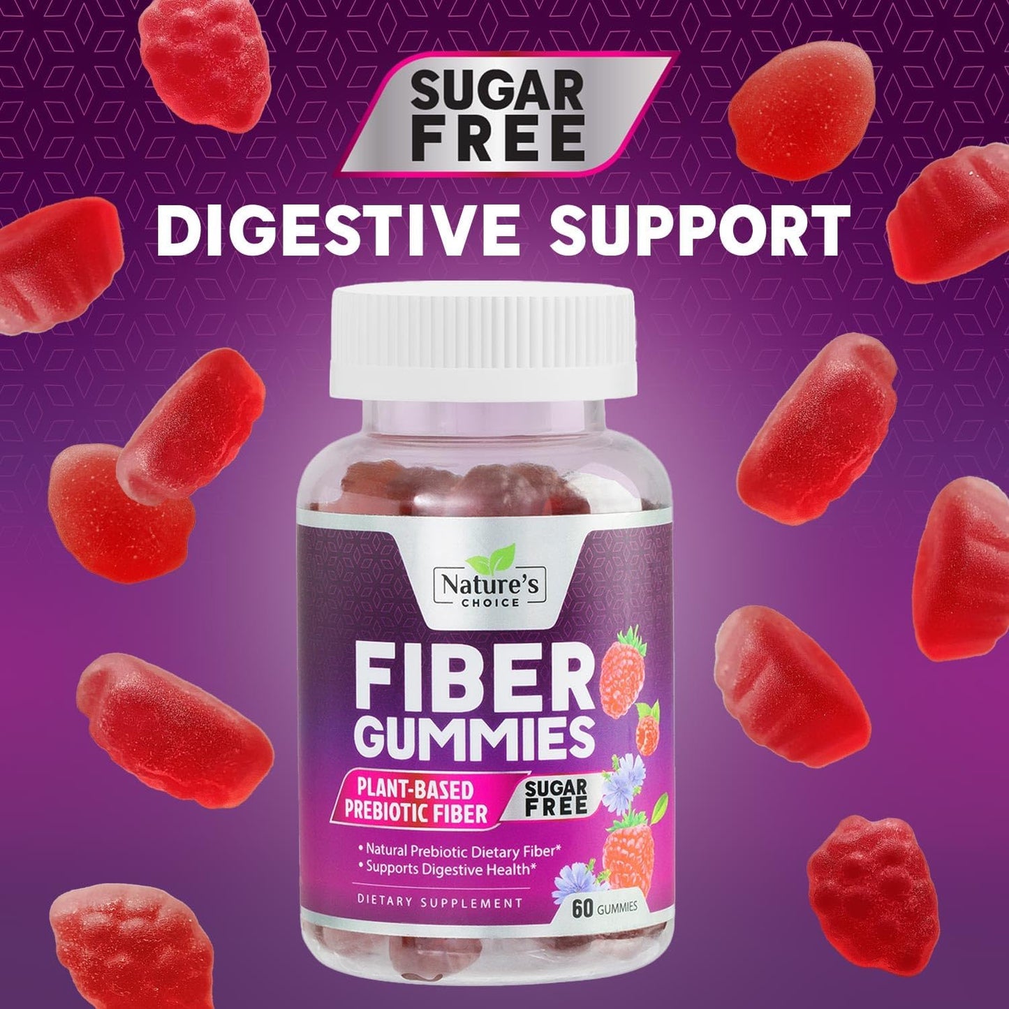 Plant-Based Berry Flavor Fiber Gummies for Adults - Sugar-Free Prebiotic Supplement for Digestive Health - 60 Gummies