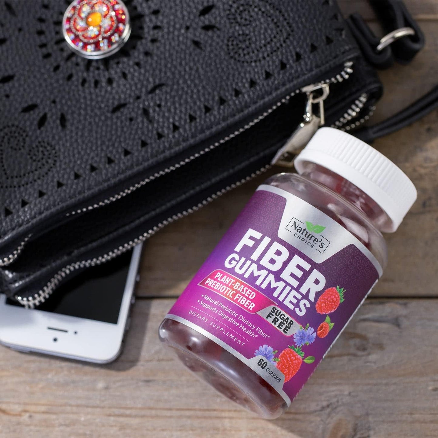 Plant-Based Berry Flavor Fiber Gummies for Adults - Sugar-Free Prebiotic Supplement for Digestive Health - 60 Gummies