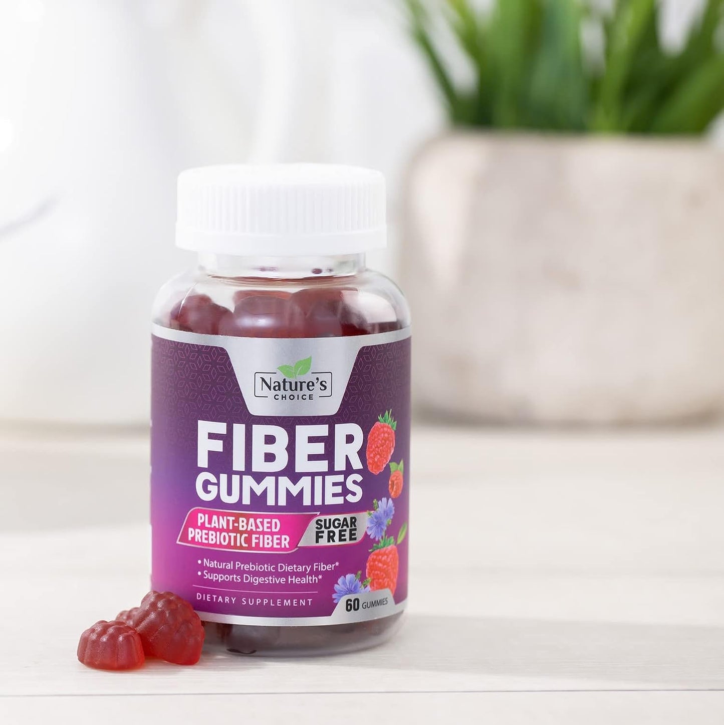 Plant-Based Berry Flavor Fiber Gummies for Adults - Sugar-Free Prebiotic Supplement for Digestive Health - 60 Gummies