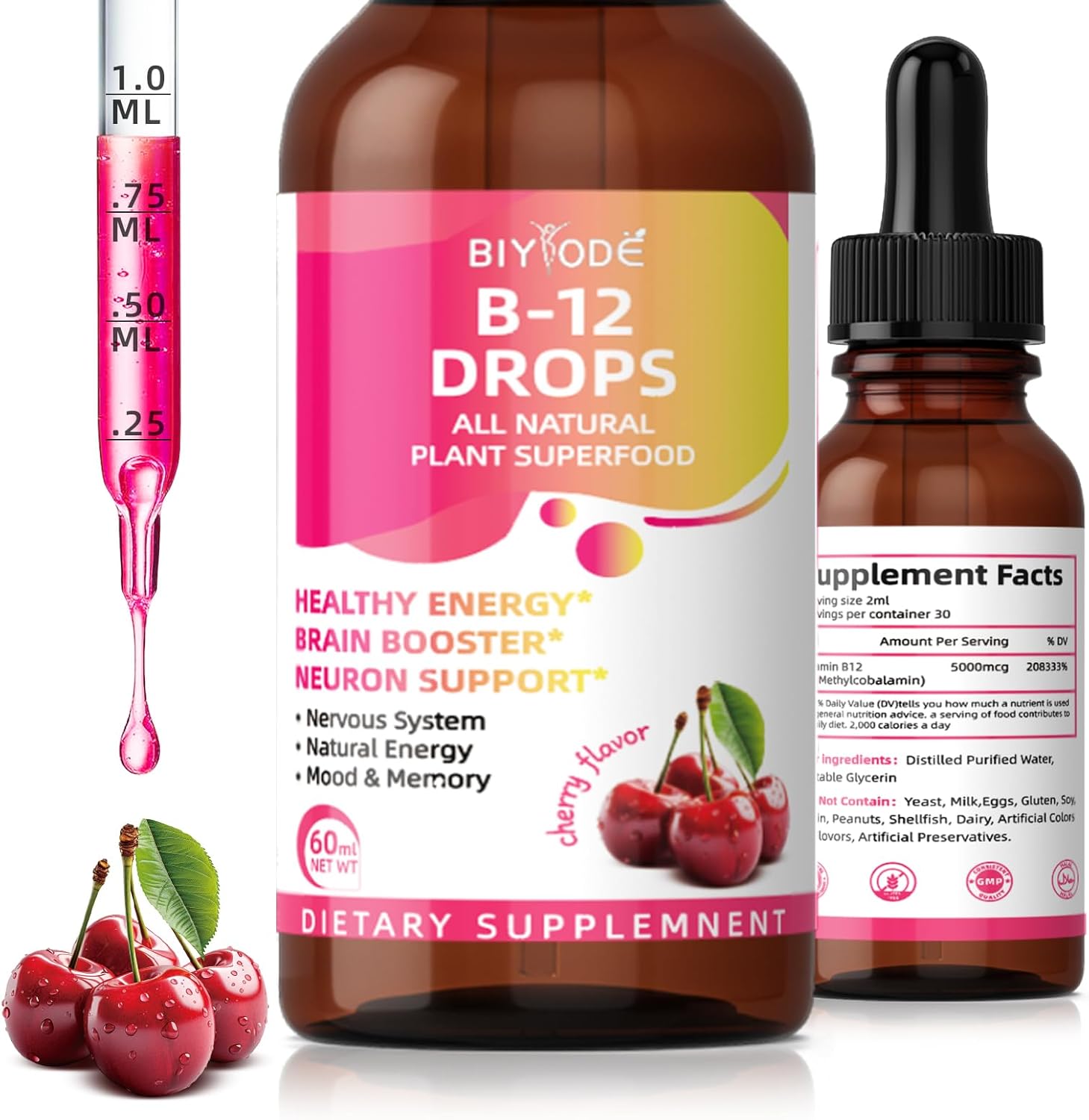 Plant-Based BIYODE Vitamin B12 Liquid Drops 5000mcg for Healthy Energy, Brain Boost, Memory, Mood - Cherry Flavor, 60ml
