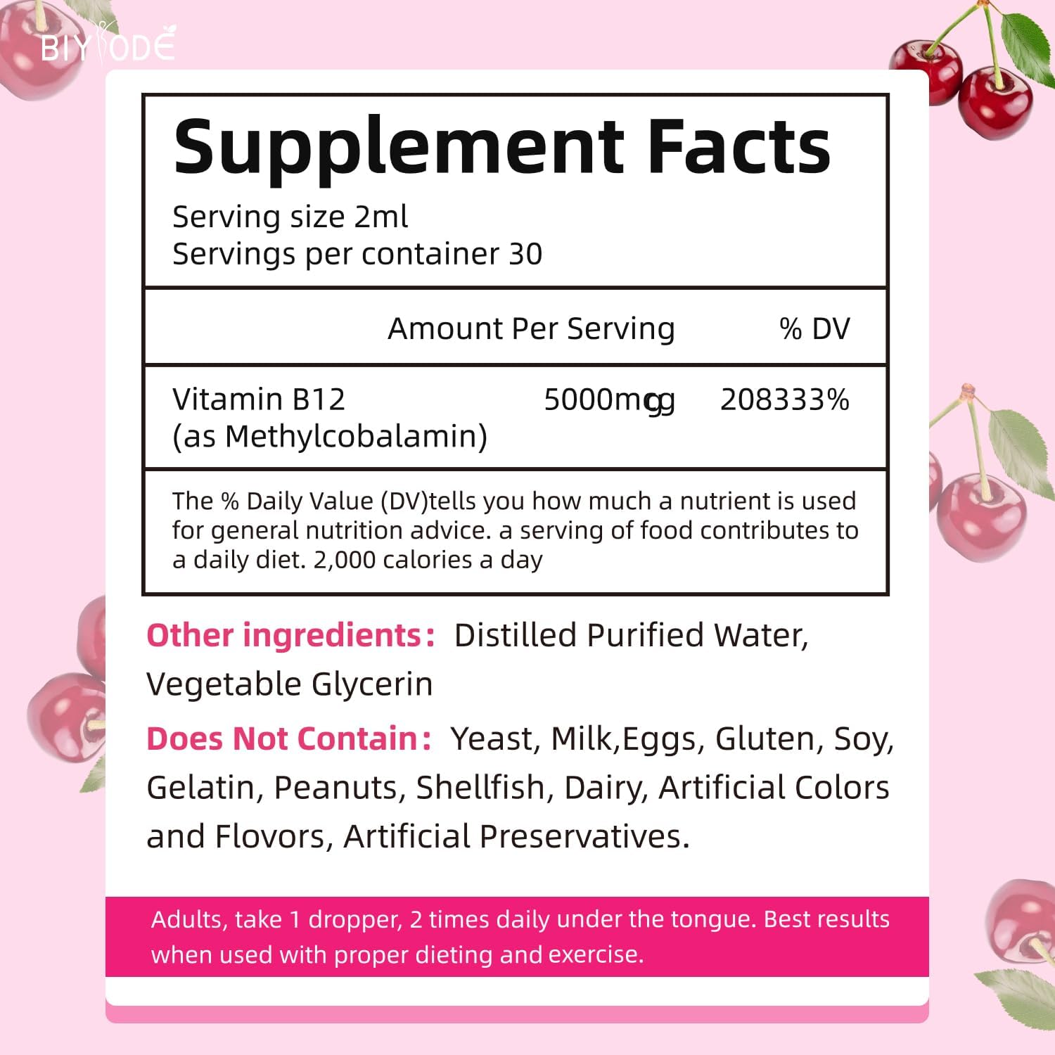 Plant-Based BIYODE Vitamin B12 Liquid Drops 5000mcg for Healthy Energy, Brain Boost, Memory, Mood - Cherry Flavor, 60ml