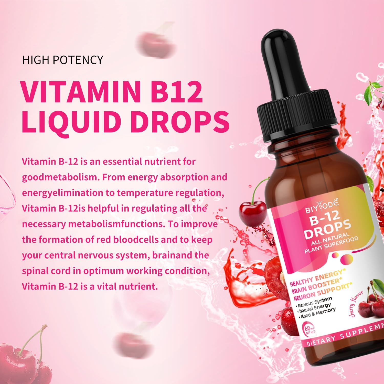 Plant-Based BIYODE Vitamin B12 Liquid Drops 5000mcg for Healthy Energy, Brain Boost, Memory, Mood - Cherry Flavor, 60ml