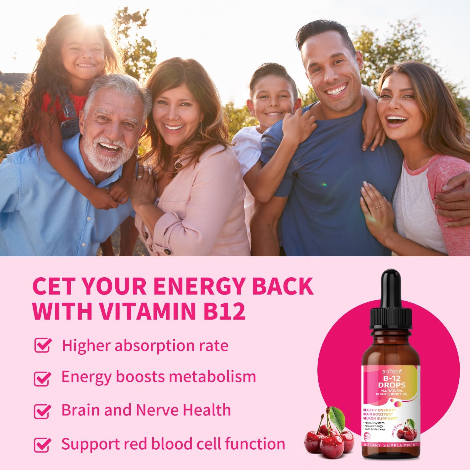 Plant-Based BIYODE Vitamin B12 Liquid Drops 5000mcg for Healthy Energy, Brain Boost, Memory, Mood - Cherry Flavor, 60ml
