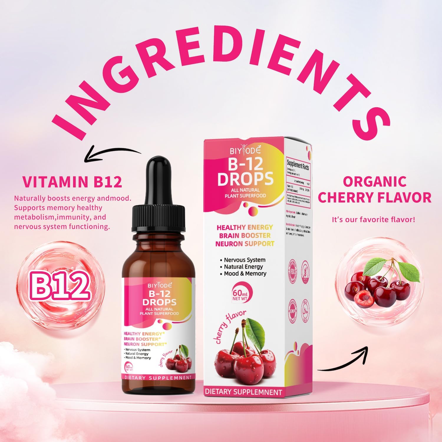 Plant-Based BIYODE Vitamin B12 Liquid Drops 5000mcg for Healthy Energy, Brain Boost, Memory, Mood - Cherry Flavor, 60ml