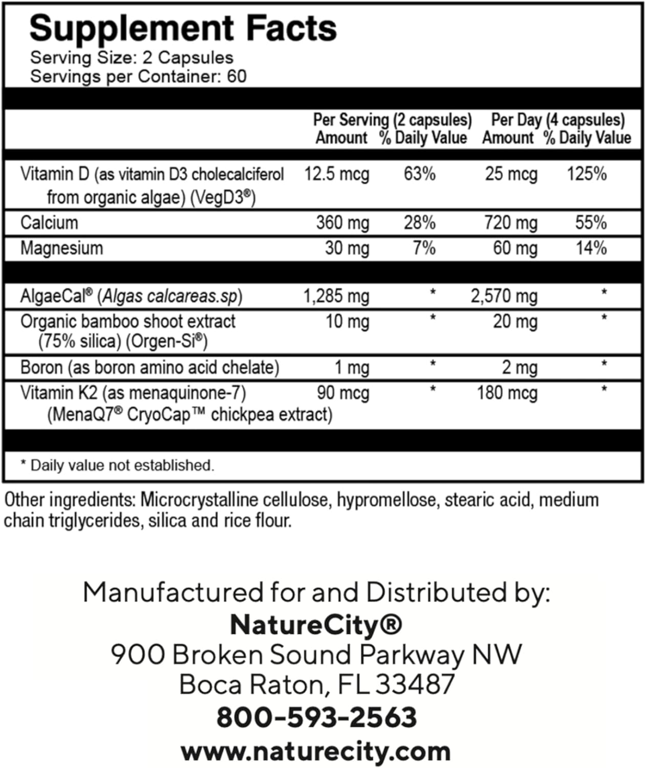 Plant-Based Bone Strength Supplement with AlgaeCal Calcium, Vitamin D3, K2, and Magnesium for Healthy Bones - 120 Veggie Capsules