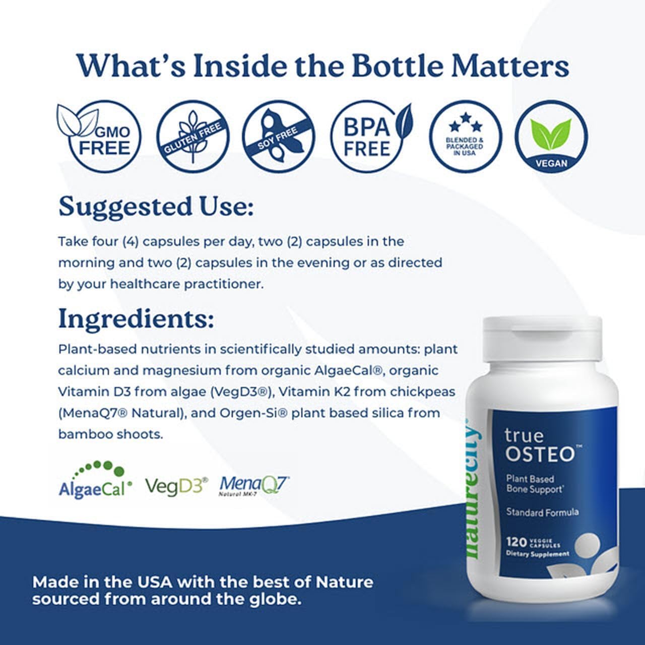 Plant-Based Bone Strength Supplement with AlgaeCal Calcium, Vitamin D3, K2, and Magnesium for Healthy Bones - 120 Veggie Capsules