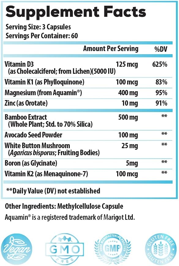 Plant-Based Calcium-Free Bone Density Supplement: Silica & Icelandic Magnesium for Bone Strength & Arterial Health - Vegan Vitamin D3 5000 IU with K2 K1 (60 Servings)