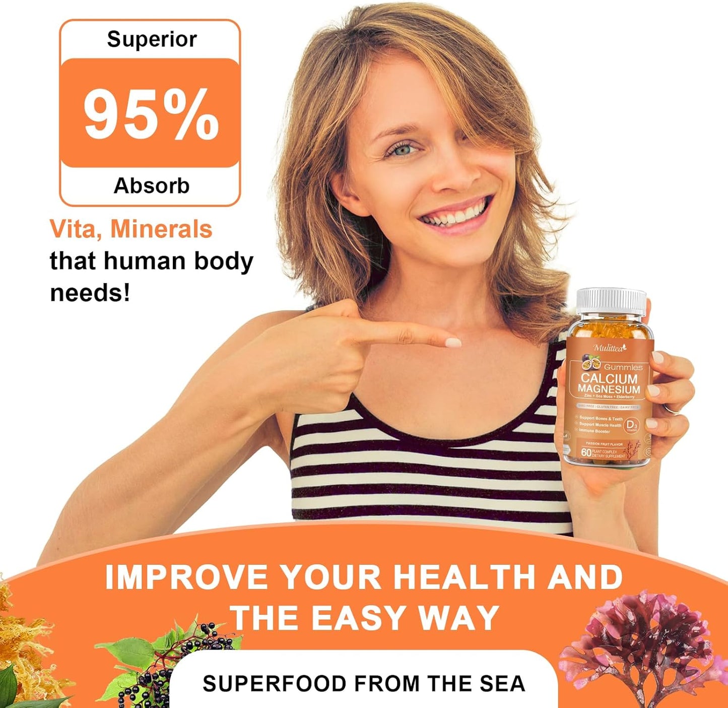 Plant-Based Calcium Gummies with D3, Zinc, Magnesium, Potassium, Vitamin C - Bone & Immune Support - Sugar-Free Chewable Gummy (1 Pack)